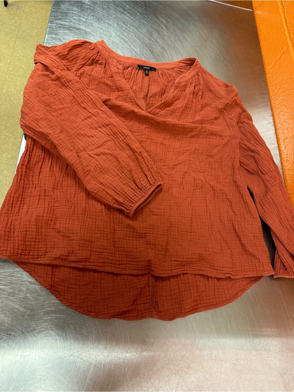 Women’s DREW Rust Orange Cotton Gauze V-Neck Blouse High-Low Hem Top Small